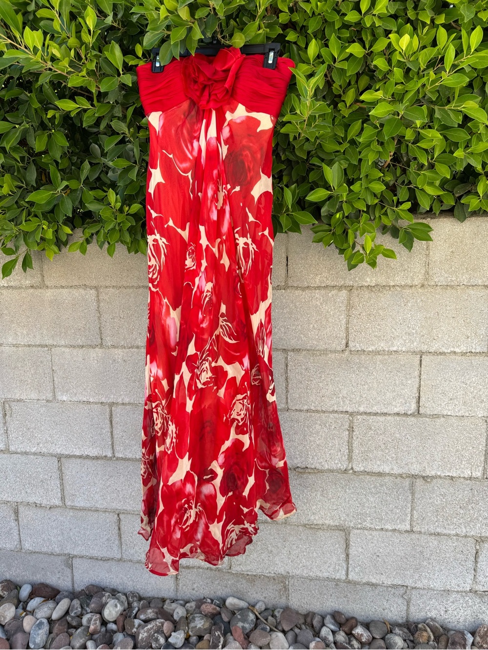 Vintage Rare 100% silk Badgley Mischka Red Rose Strapless Evening Dress